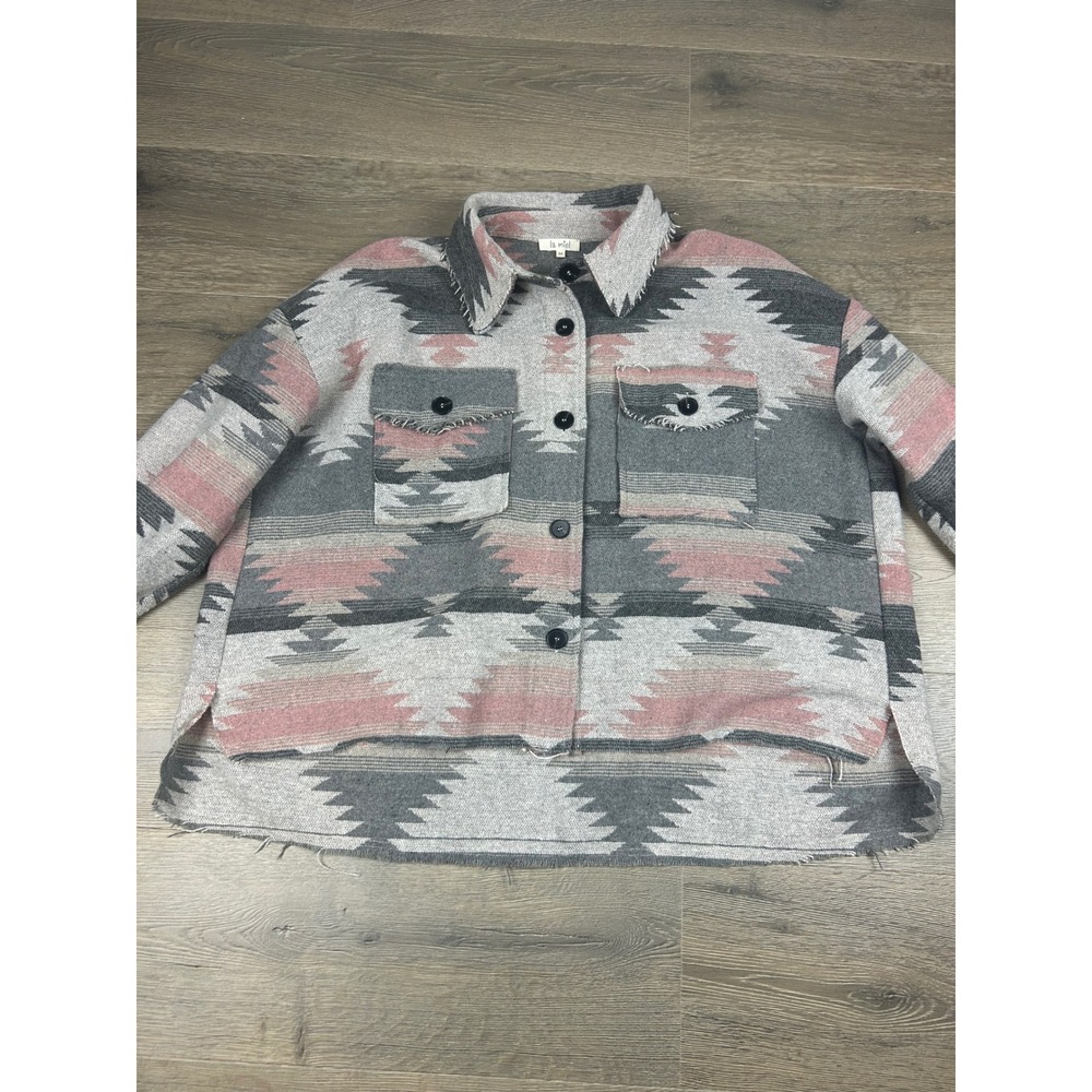 La Miel Southwestern Aztec Shacket Grey Pink Geometric Button Up Jacket Medium